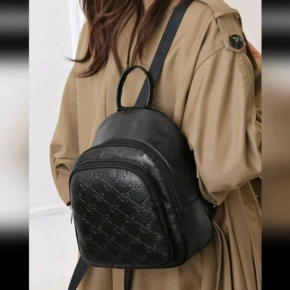 Black faux leather style bag purse women's handbag crossbody backpack bow print